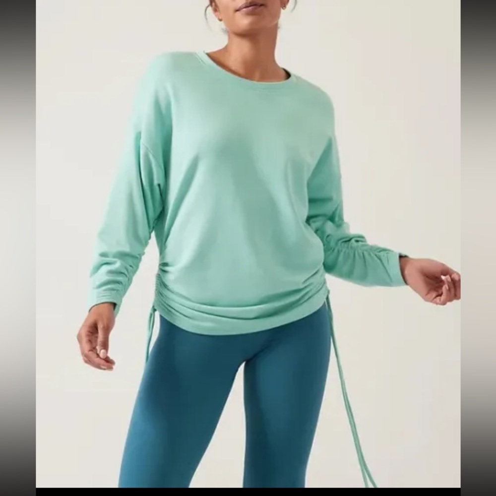 ATLETA  Lombard Ruched Sweatshirt Light Green Cinched Sides, Super Soft. Size S